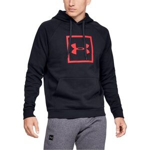 Under Armour Men's L Rival Fleece Box Logo Hoodie Black Red Pullover Sweatshirt